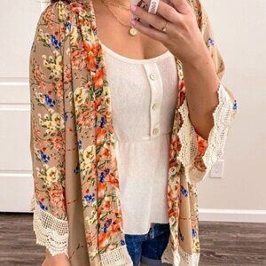 Floral Kimono Crochet Lace Open Sheer Lightweight Cardigan Shawl Blouse Top